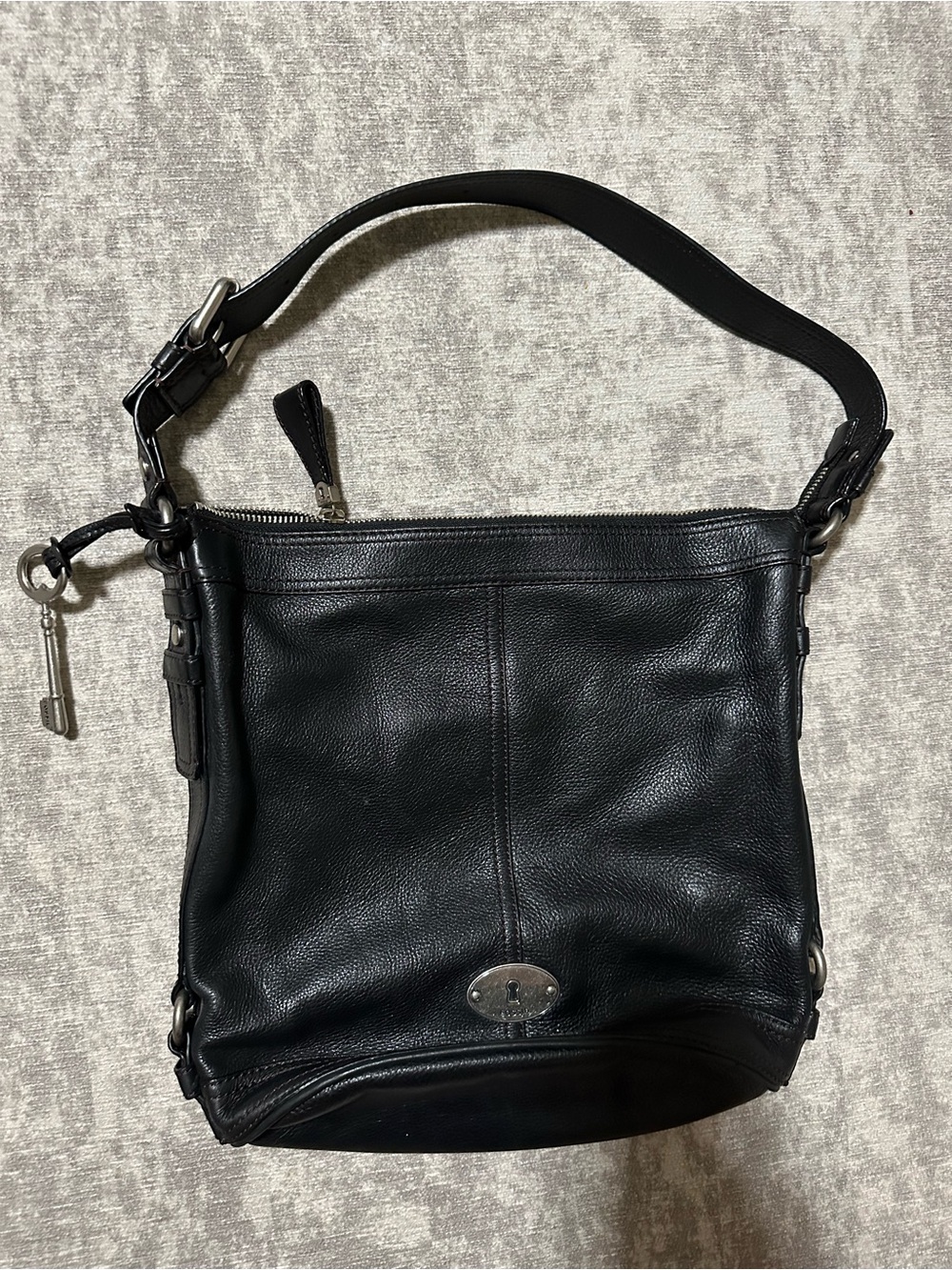 Fossil Black Leather Shoulder Bag with Silver Hardware